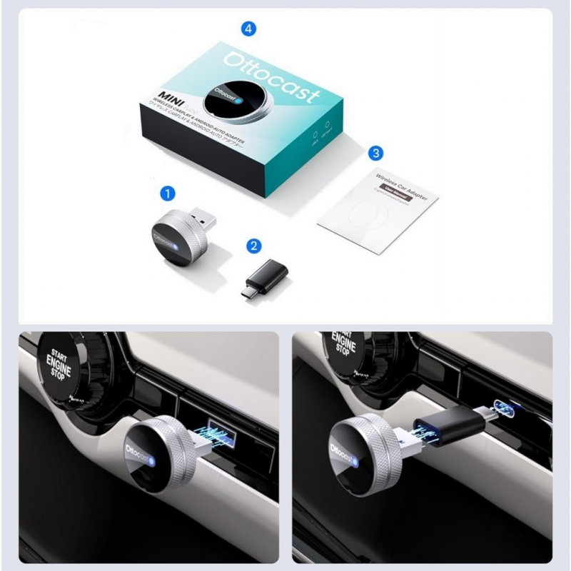 Vezeték nélküli Carplay / Android Auto Adapter Ottocast Mini Slim Tube Apple iPhone / Android sorozathoz, Ezüst CP88-T4-5