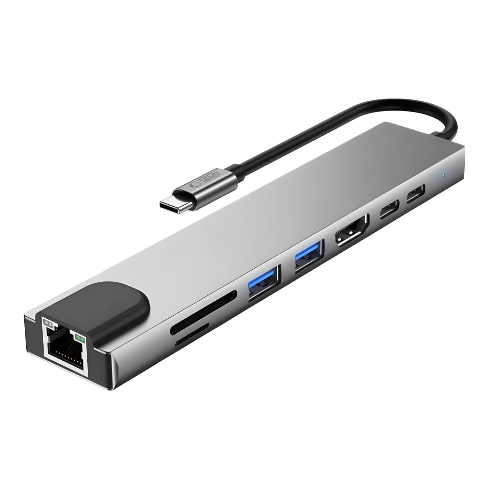 Tech-Protect HB09 8 az 1-ben Type-C / USB-C hub adapter Type-C + USB-A 3.0 + USB-C 3.0 + HDMI 4K 60Hz + SD/TF + PD 100W + RJ45 1000 Mb/s asztroszürke-11