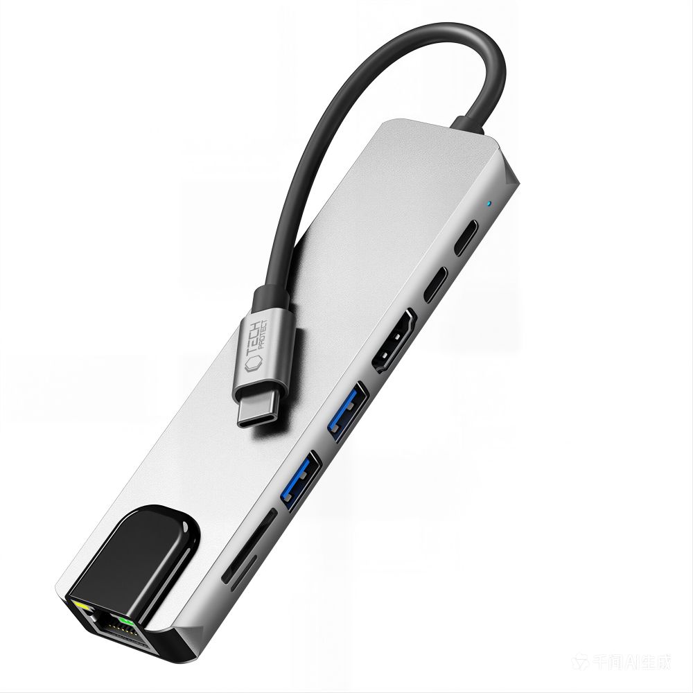 Tech-Protect HB09 8 az 1-ben Type-C / USB-C hub adapter Type-C + USB-A 3.0 + USB-C 3.0 + HDMI 4K 60Hz + SD/TF + PD 100W + RJ45 1000 Mb/s asztroszürke-8
