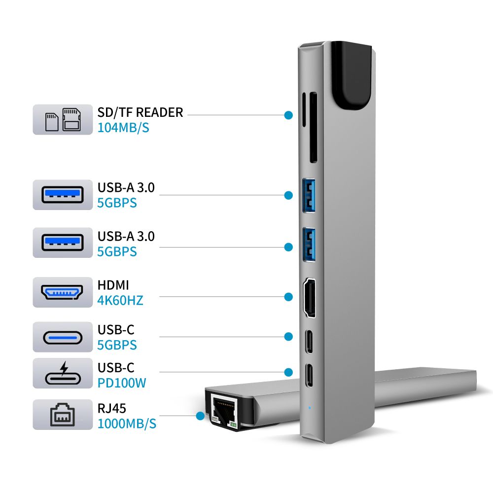 Tech-Protect HB09 8 az 1-ben Type-C / USB-C hub adapter Type-C + USB-A 3.0 + USB-C 3.0 + HDMI 4K 60Hz + SD/TF + PD 100W + RJ45 1000 Mb/s asztroszürke-6