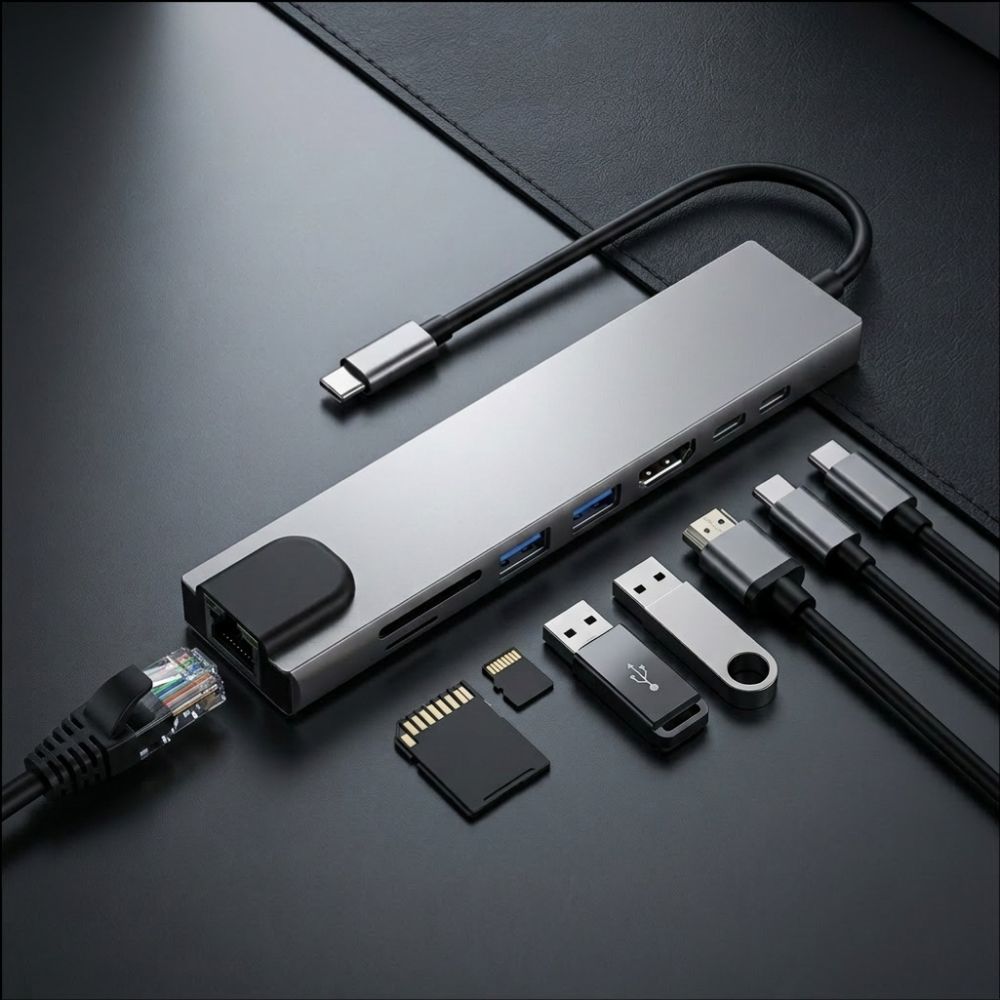 Tech-Protect HB09 8 az 1-ben Type-C / USB-C hub adapter Type-C + USB-A 3.0 + USB-C 3.0 + HDMI 4K 60Hz + SD/TF + PD 100W + RJ45 1000 Mb/s asztroszürke-2