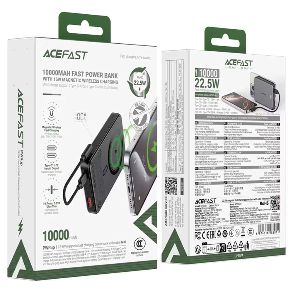 Acefast - Mágneses Vezeték Nélküli Powerbank (M31) - Type-C Kábellel, MagSafe, Gyors Töltés, 2xUSB-C, LED, 10000mAh, 22.5W - Fekete-6