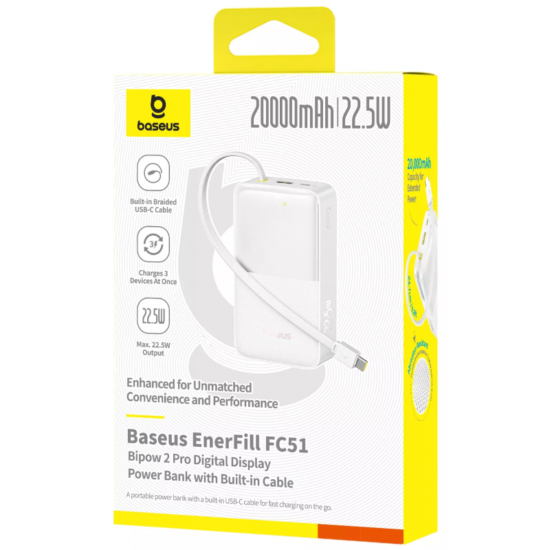Powerbank Baseus EnerFill Bipow2 Pro, 20000mAh, 22.5W, QC + PD, Fehér E0027700-5