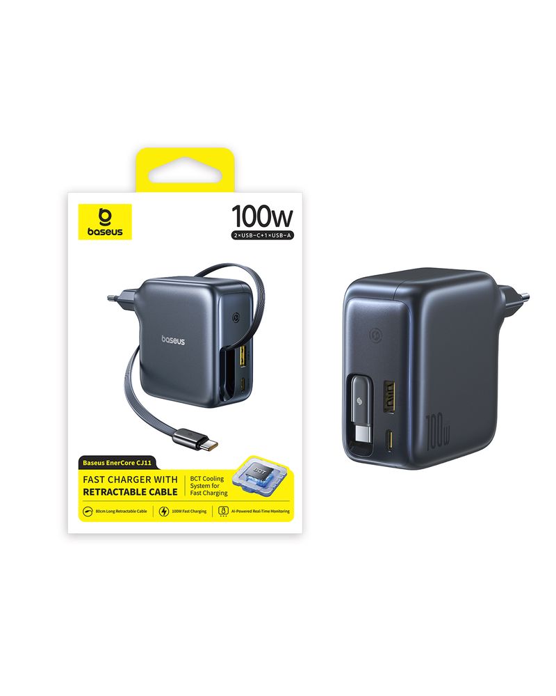 Hálózati USB-C töltő adapter Baseus EnerCore CJ11, 100W, 5A, 1 x USB-C - 2 x USB-C, USB-C kábellel, fekete E0120M00-2