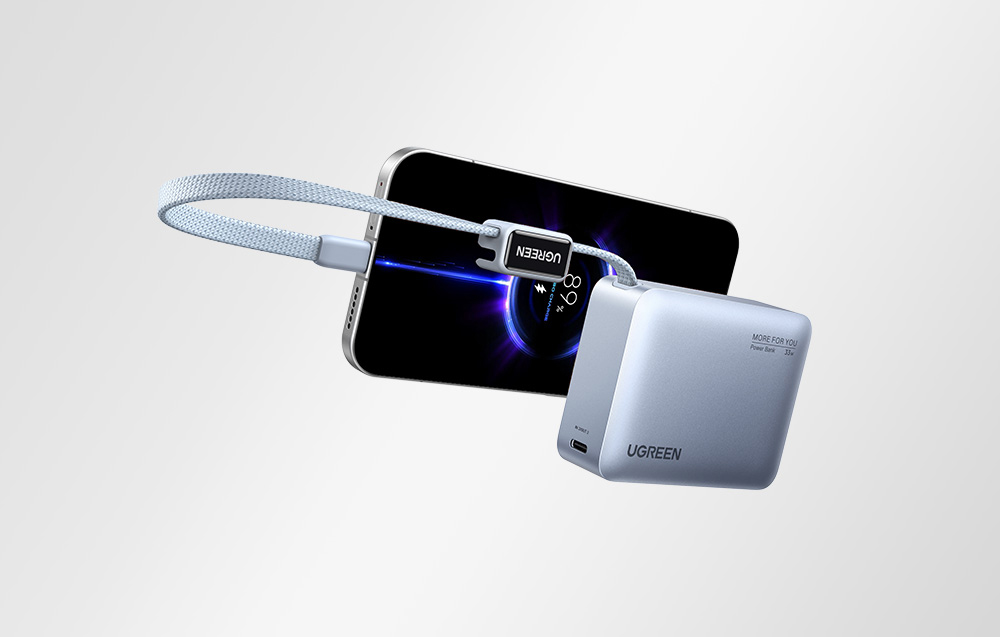 Ugreen PB584 10000 mAh Power Bank, USB + USB-C, 33 W, beépített kábellel (szürke)-6
