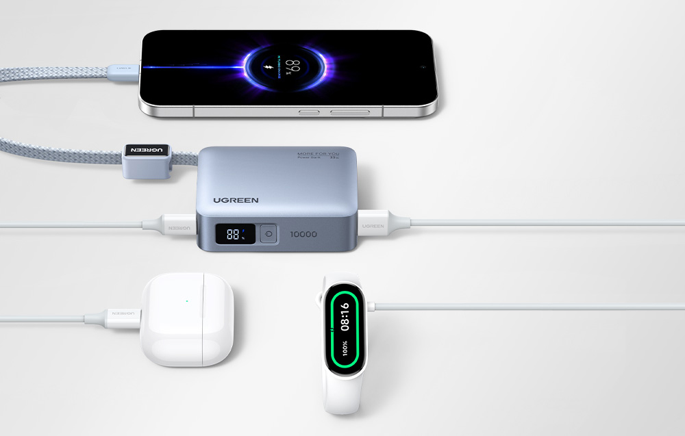 Ugreen PB584 10000 mAh Power Bank, USB + USB-C, 33 W, beépített kábellel (szürke)-4