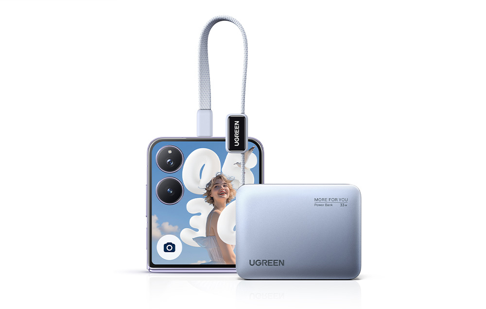 Ugreen PB584 10000 mAh Power Bank, USB + USB-C, 33 W, beépített kábellel (szürke)-10