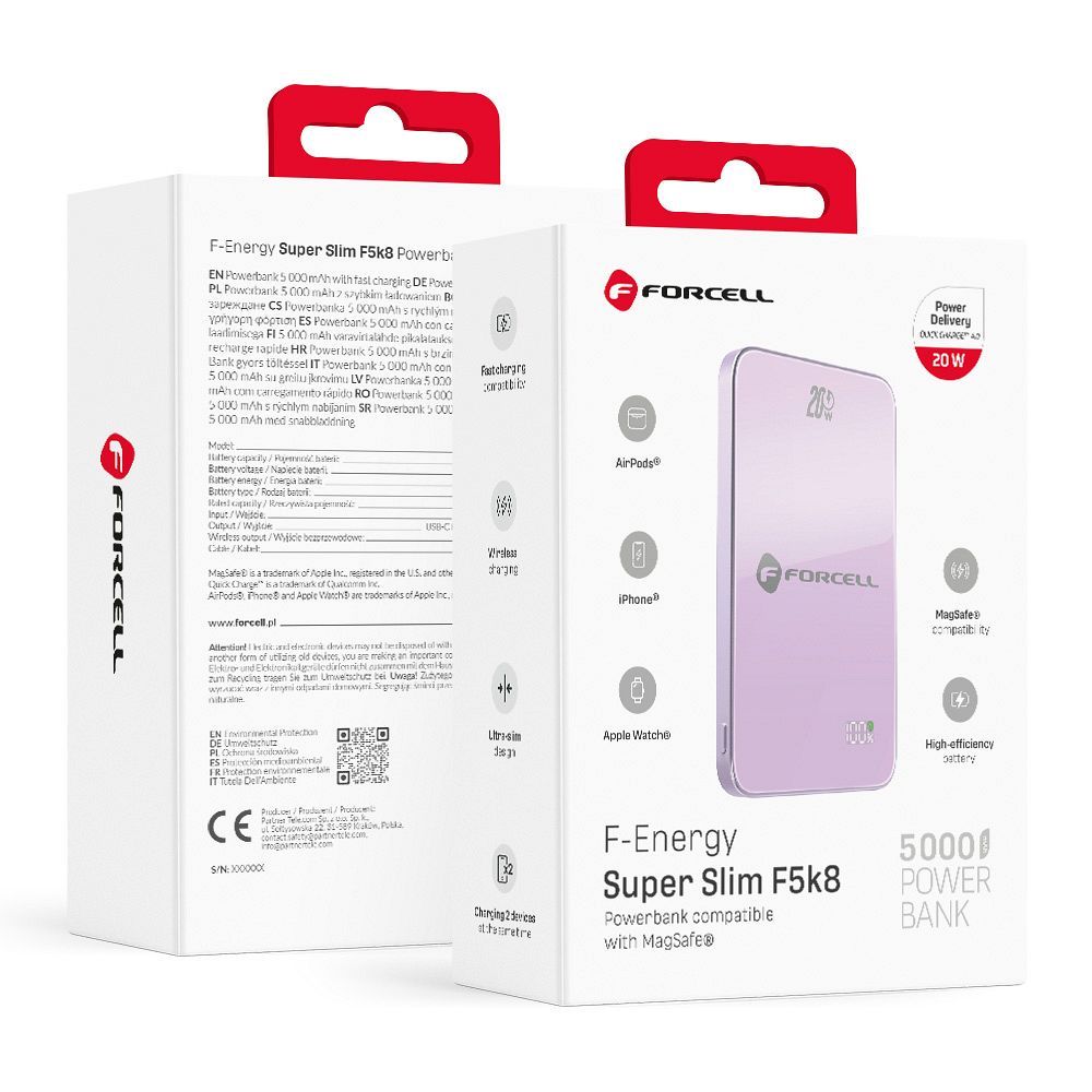Forcell F-Energy SuperSlim F5K8 QC4.0 PD3.0 15W 5000 mAh lila MagSafe-kompatibilis powerbank-0