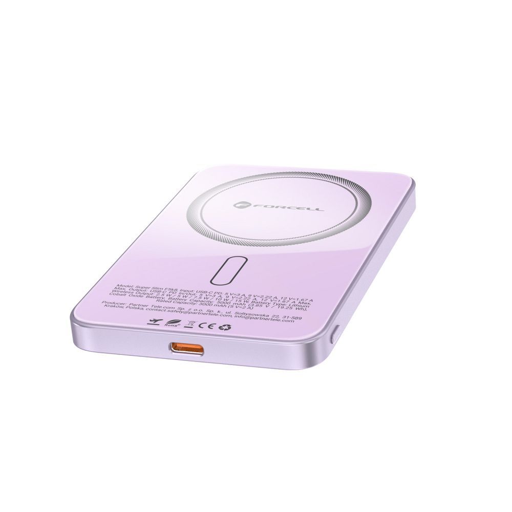 Forcell F-Energy SuperSlim F5K8 QC4.0 PD3.0 15W 5000 mAh lila MagSafe-kompatibilis powerbank-6