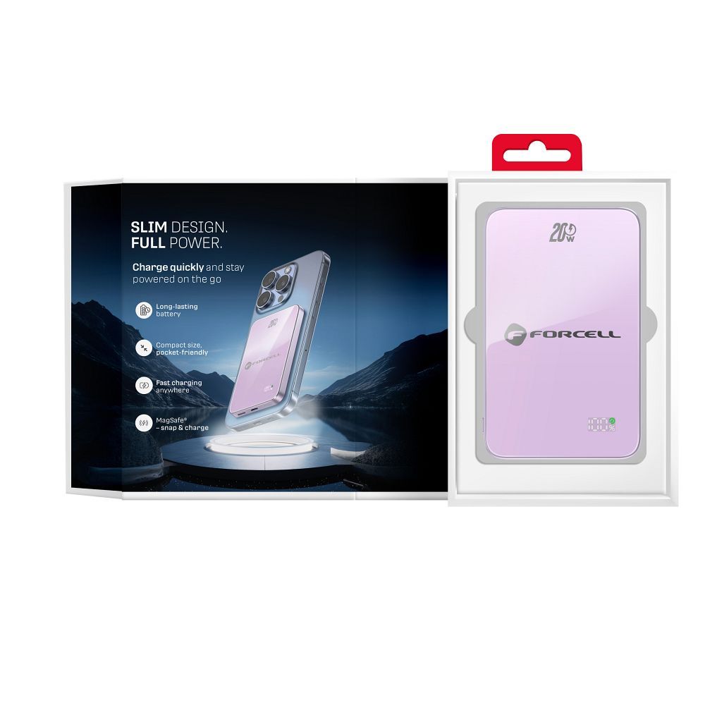 Forcell F-Energy SuperSlim F5K8 QC4.0 PD3.0 15W 5000 mAh lila MagSafe-kompatibilis powerbank-1