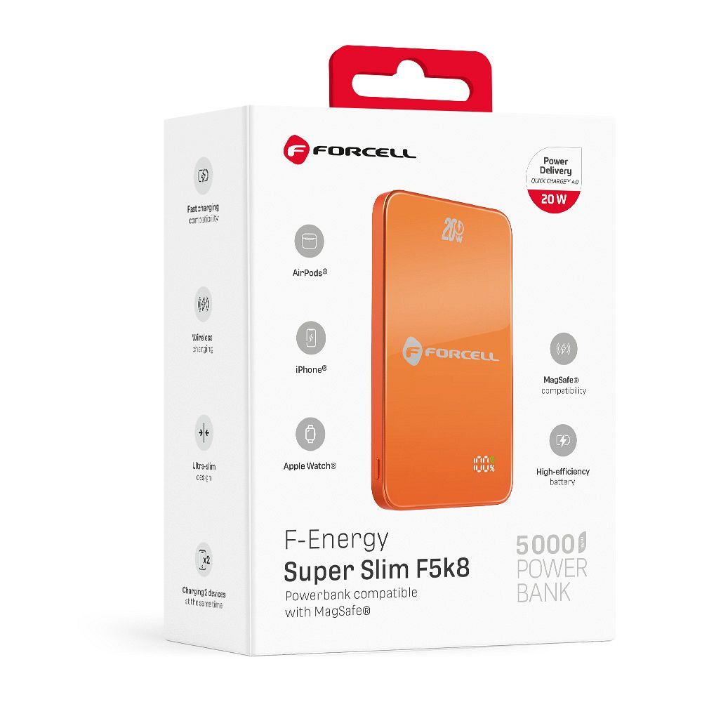Narancssárga Forcell F-Energy SuperSlim F5K8 MagSafe-kompatibilis powerbank QC4.0 PD3.0 15W 5000 mAh-12