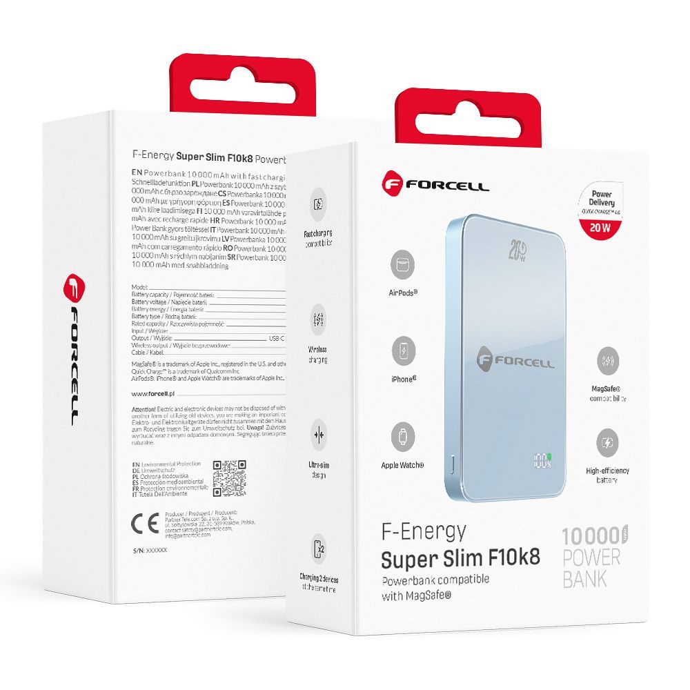 Forcell F-Energy SuperSlim F10K8 QC4.0 PD3.0 15W 10000 mAh MagSafe-kompatibilis powerbank kék-0