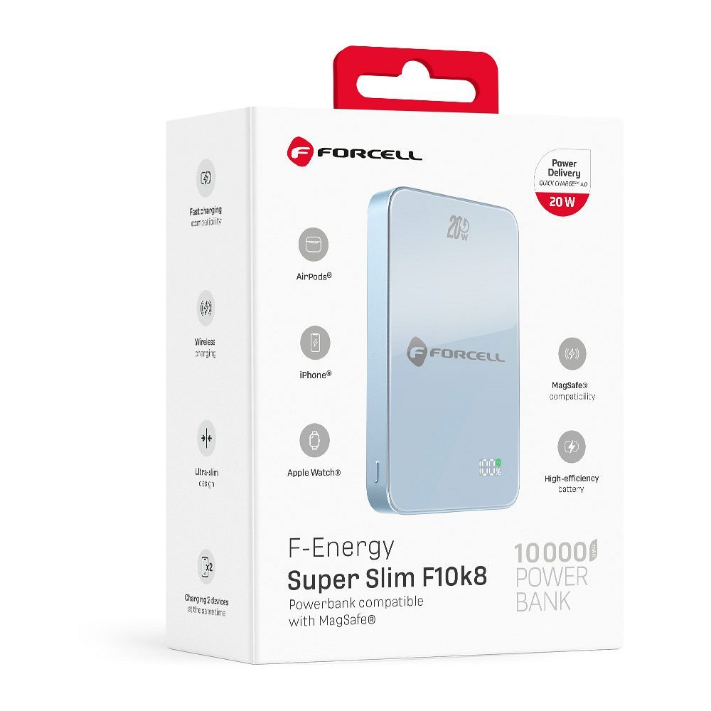 Forcell F-Energy SuperSlim F10K8 QC4.0 PD3.0 15W 10000 mAh MagSafe-kompatibilis powerbank kék-2