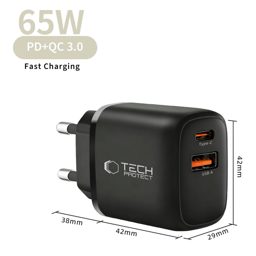 Tech-Protect NCA65W-GAN 2 portos hálózati töltő adapter PD 65W / QC3.0 fekete-4