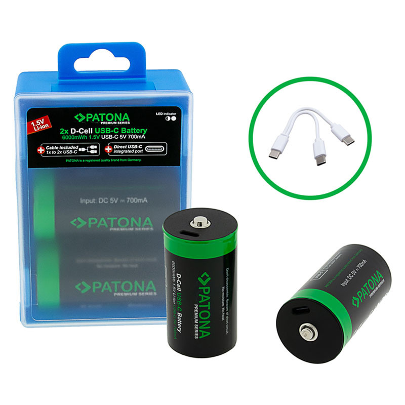 Patona Premium USB-C 2x LR20 Mono D újratölthető lítium elem 6000mWh-3
