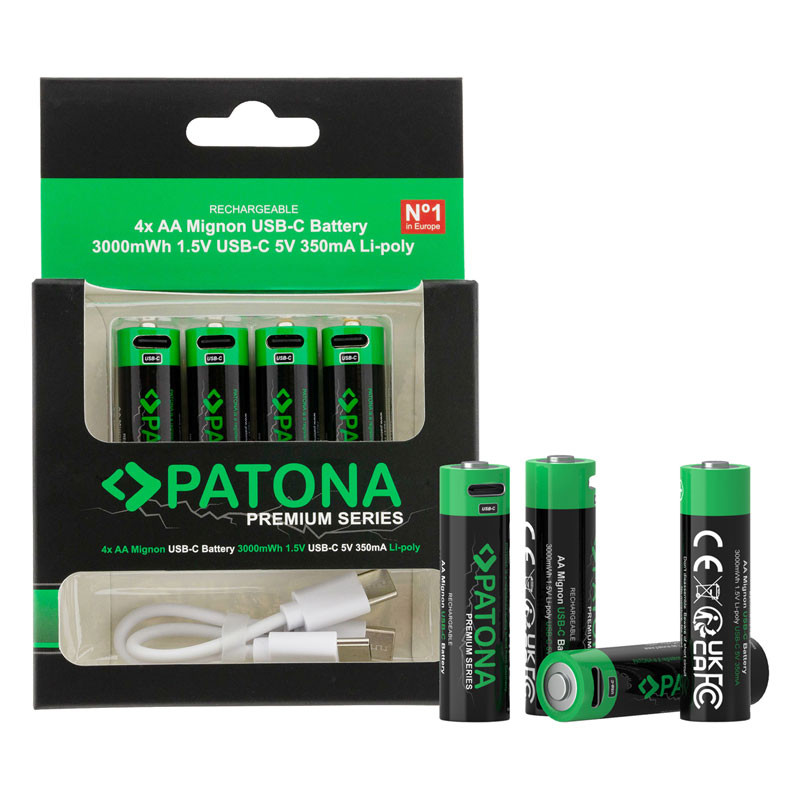 Patona Premium 3000mWh USB-C 4X AA Mignon újratölthető lítium elem-0