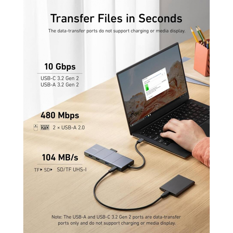 USB-C Hub Anker PowerExpand, 1 x USB-A 3.2 - 2 x USB-A - 2 x USB-C - 1 x Display Port - 1 x HDMI - 1 x Jack 3.5mm - 1 x RJ45 - 1 x SD - 1 x microSD, Szürke-3