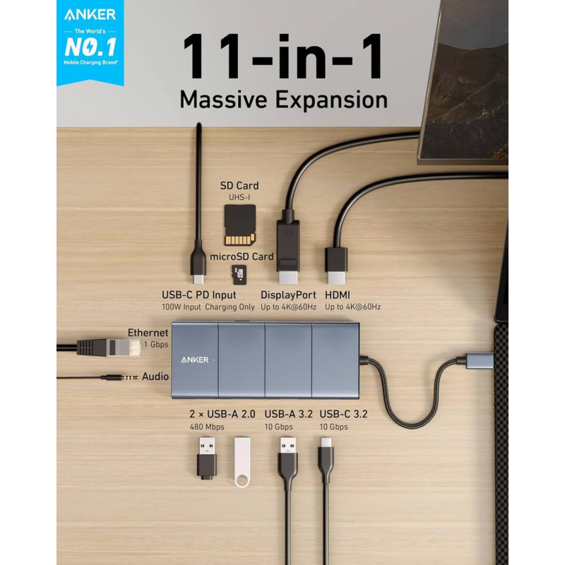 USB-C Hub Anker PowerExpand, 1 x USB-A 3.2 - 2 x USB-A - 2 x USB-C - 1 x Display Port - 1 x HDMI - 1 x Jack 3.5mm - 1 x RJ45 - 1 x SD - 1 x microSD, Szürke-4
