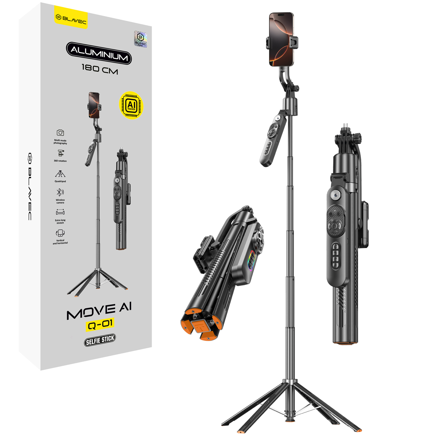 Blavec Selfie Bot Alumínium Move AI Q-01 Auto pop állvány + távirányító 1,80 méter (SSAQ01-APTRB180) fekete-0