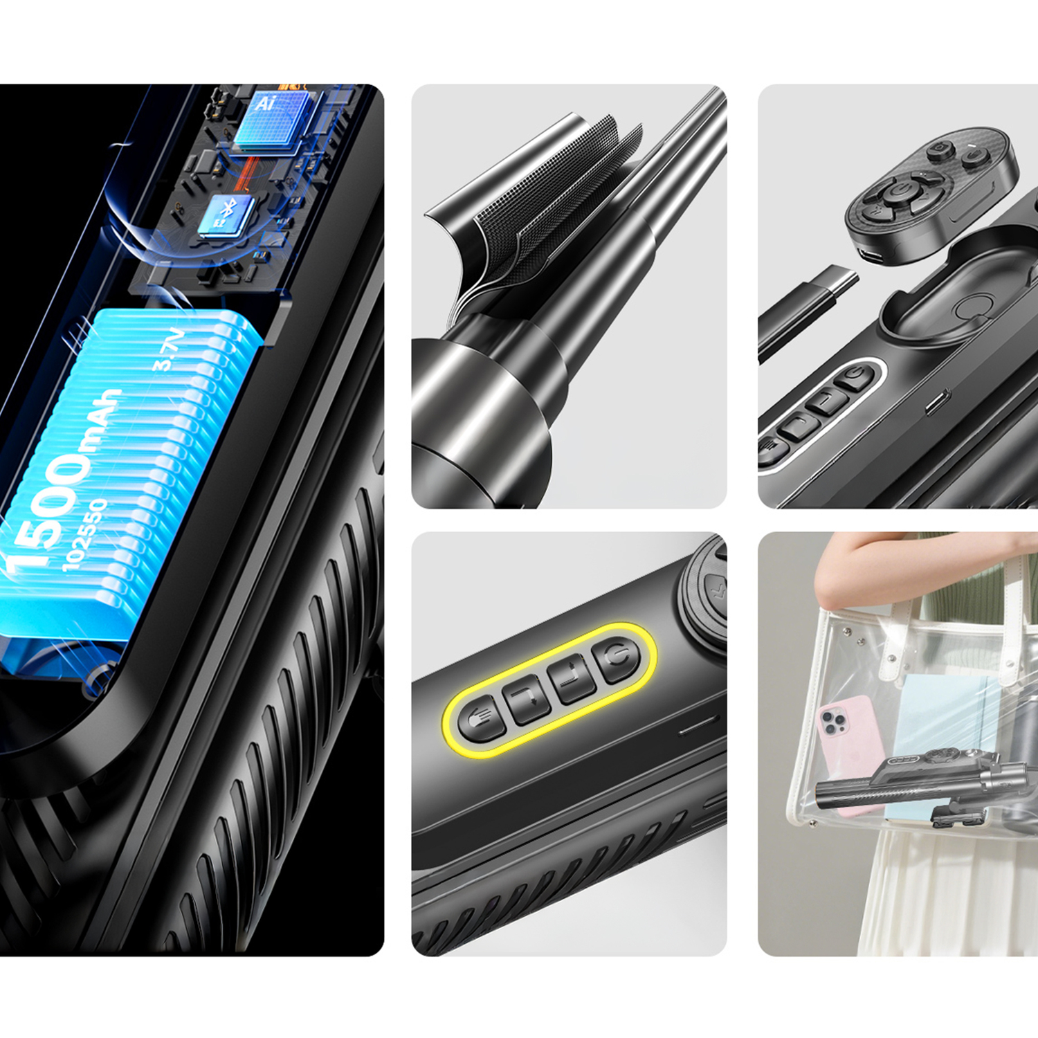Blavec Selfie Bot Alumínium Move AI Q-01 Auto pop állvány + távirányító 1,80 méter (SSAQ01-APTRB180) fekete-3