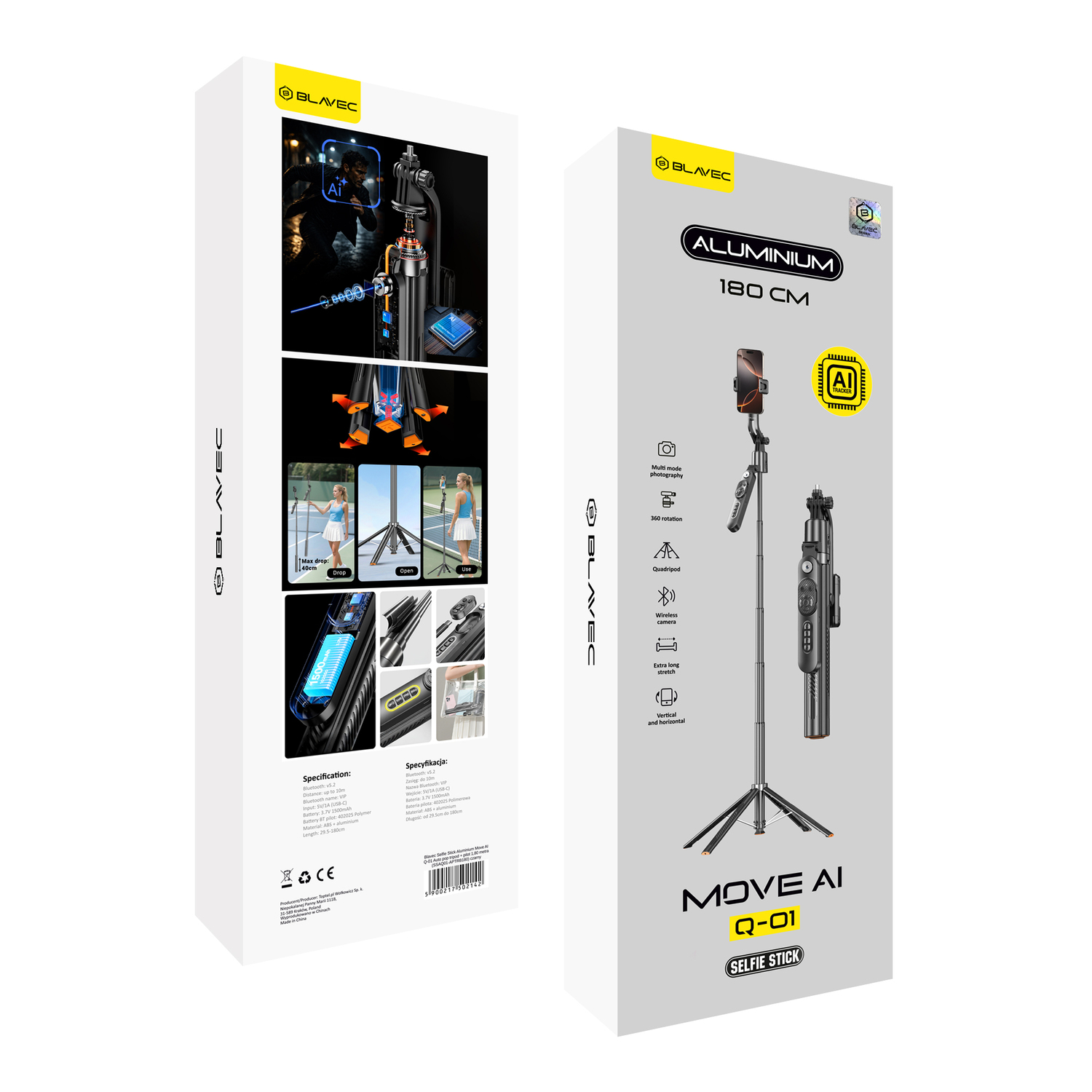 Blavec Selfie Bot Alumínium Move AI Q-01 Auto pop állvány + távirányító 1,80 méter (SSAQ01-APTRB180) fekete-6