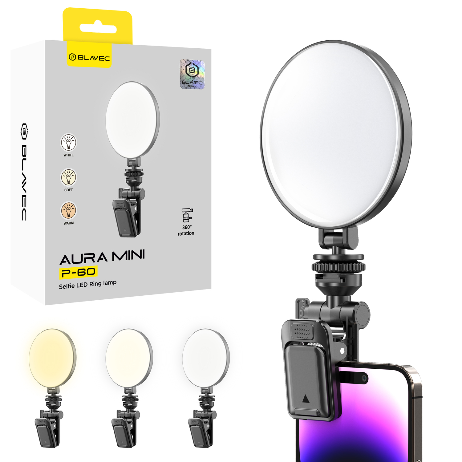 Blavec Selfie Ring lamp Aura Mini LED P-60 csipeszes fekete-0