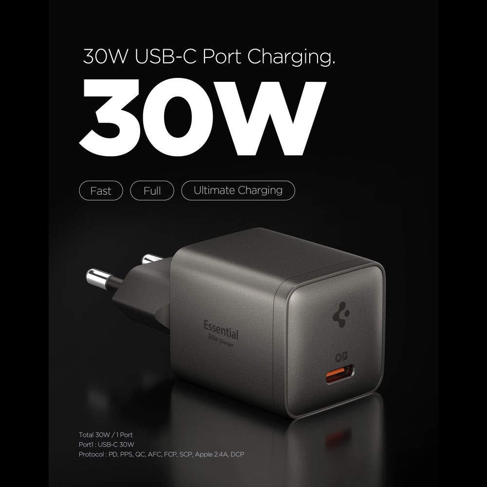 Spigen Essential EE301EU-GAN 1 portos 30 W-os GaN hálózati töltőadapter puskaszürke-1