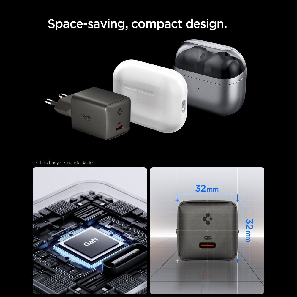 Spigen Essential EE301EU-GAN 1 portos 30 W-os GaN hálózati töltőadapter puskaszürke-3