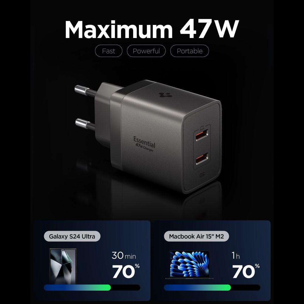 Spigen Essential EE472EU-GAN 47W 2 portos hálózati USB-C töltőadapter sötétszürke-1