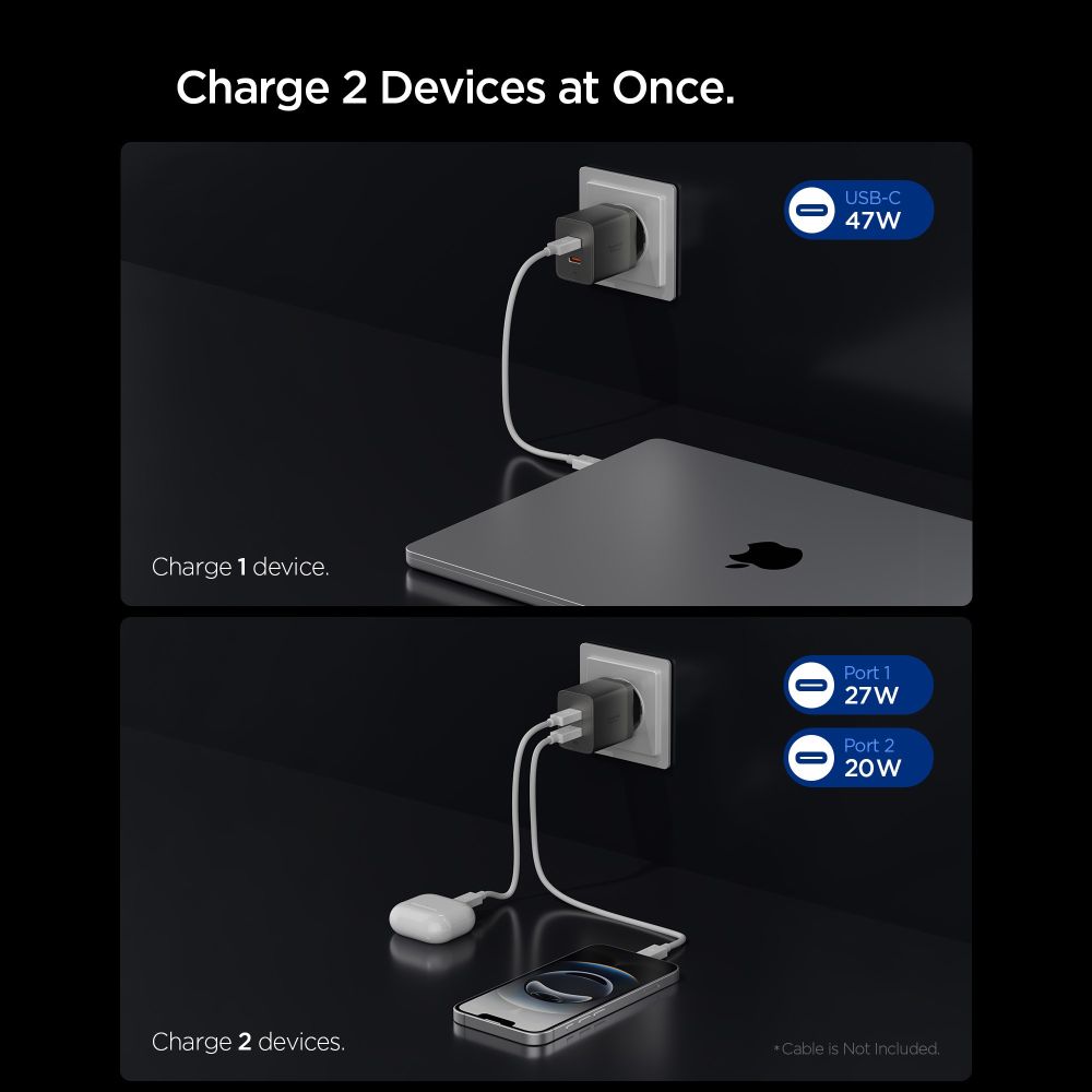 Spigen Essential EE472EU-GAN 47W 2 portos hálózati USB-C töltőadapter sötétszürke-2