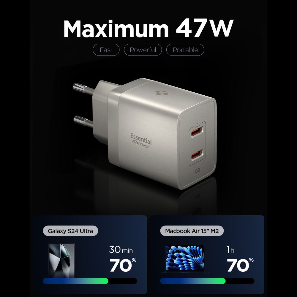 Spigen Essential EE472EU-GAN 2 portos GaN hálózati USB-C töltőadapter 47W természetes titán-1