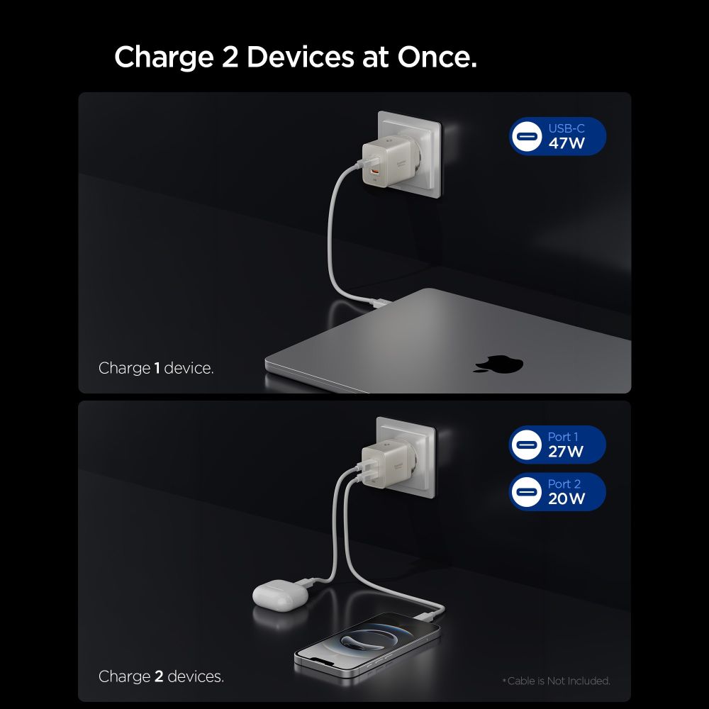 Spigen Essential EE472EU-GAN 2 portos GaN hálózati USB-C töltőadapter 47W természetes titán-2