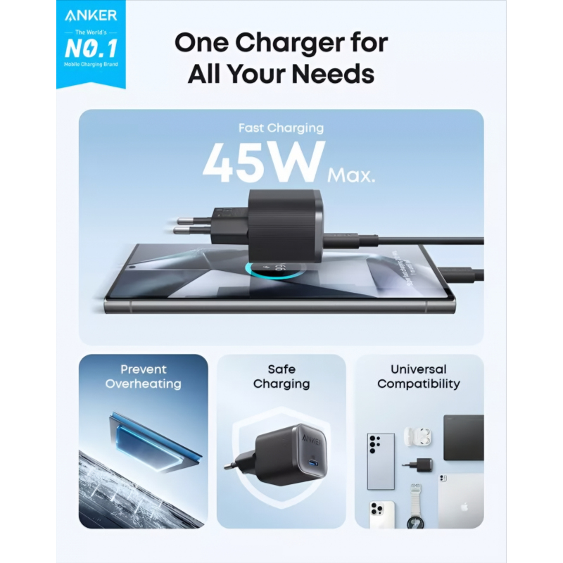 Anker Nano Fali Töltő, 45W, 3A, 1 x USB-C, Fekete A2692L11-2