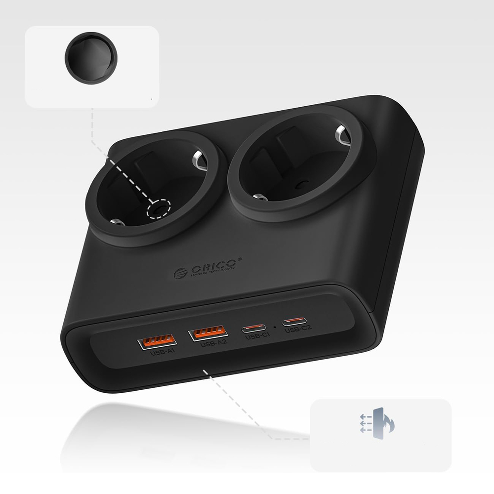 Orico PDC25 25W 6 az 1-ben Hálózati elosztó 2x AC + 2x USB-A + 2x USB-C - Fekete-1