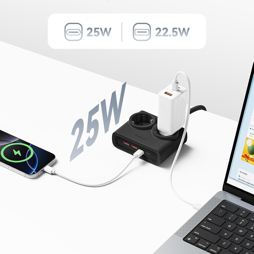 Orico PDC25 25W 6 az 1-ben Hálózati elosztó 2x AC + 2x USB-A + 2x USB-C - Fekete-2