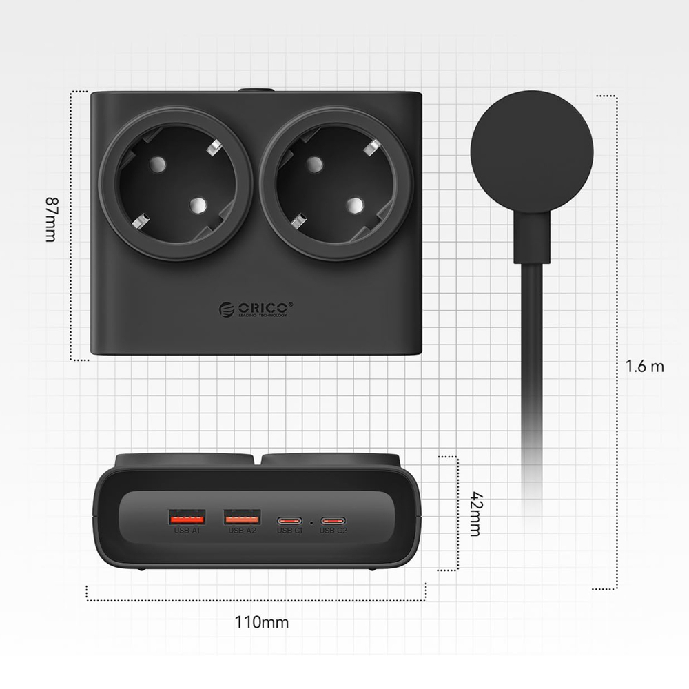 Orico PDC25 25W 6 az 1-ben Hálózati elosztó 2x AC + 2x USB-A + 2x USB-C - Fekete-4