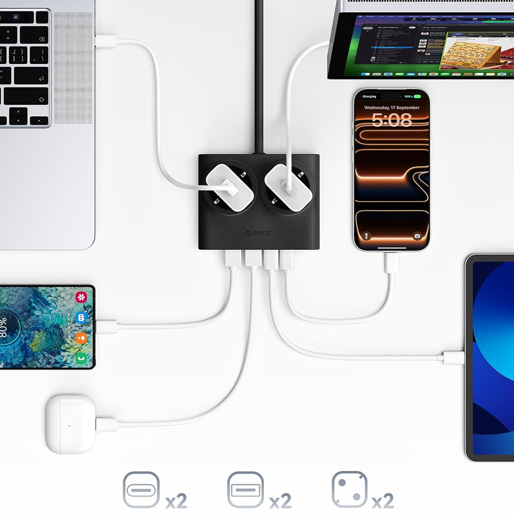 Orico PDC25 25W 6 az 1-ben Hálózati elosztó 2x AC + 2x USB-A + 2x USB-C - Fekete-6