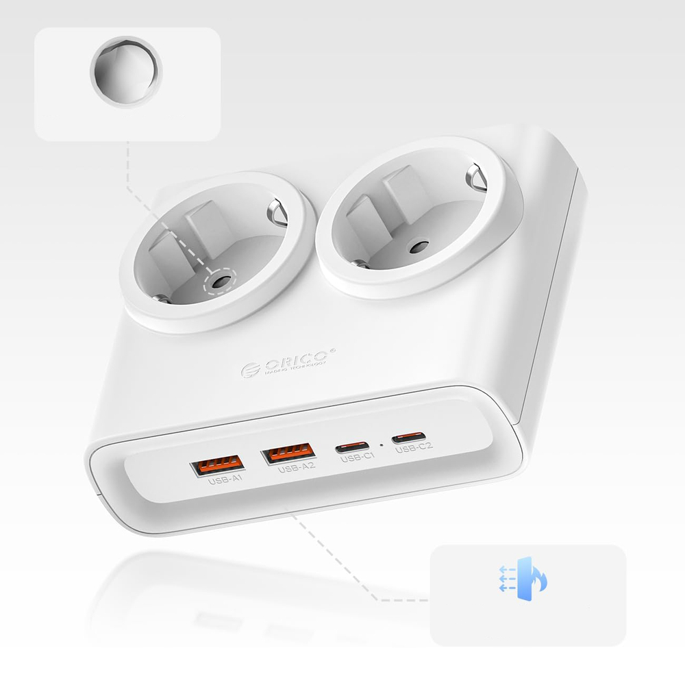 Orico PDC25 25W 6 az 1-ben Hálózati Elosztó 2x AC + 2x USB-A + 2x USB-C - Fehér-1
