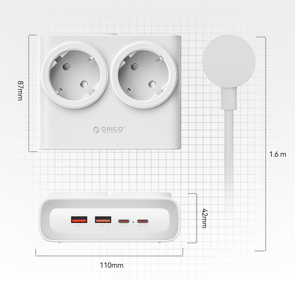 Orico PDC25 25W 6 az 1-ben Hálózati Elosztó 2x AC + 2x USB-A + 2x USB-C - Fehér-3