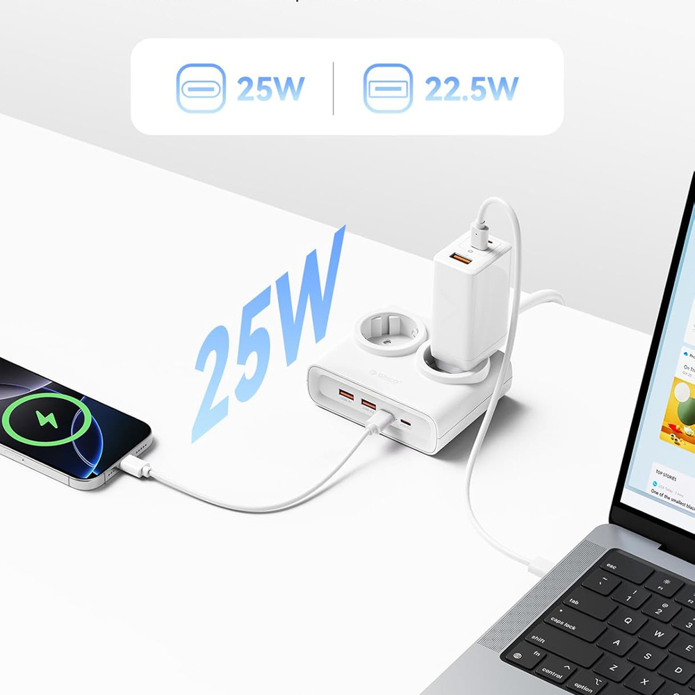 Orico PDC25 25W 6 az 1-ben Hálózati Elosztó 2x AC + 2x USB-A + 2x USB-C - Fehér-4