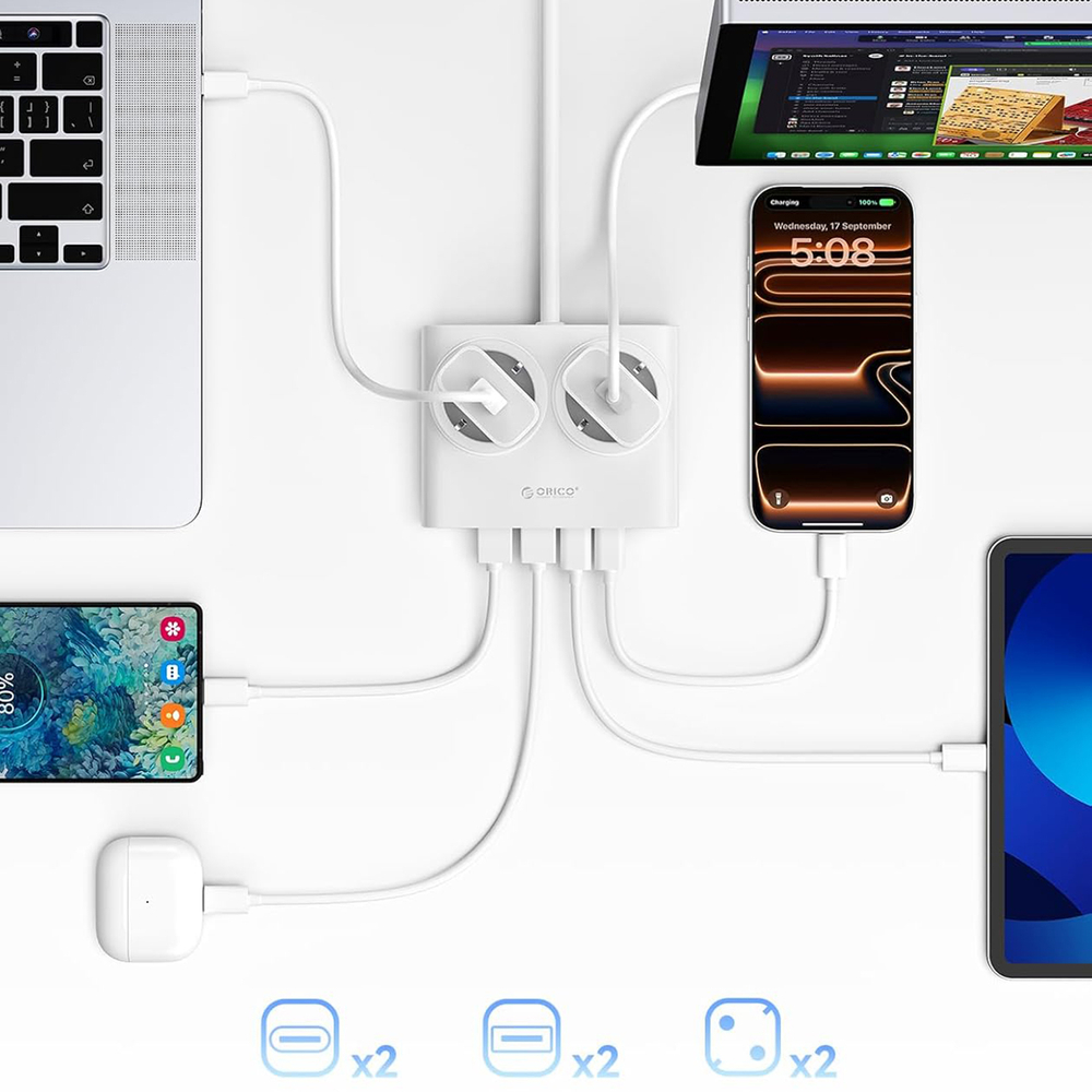 Orico PDC25 25W 6 az 1-ben Hálózati Elosztó 2x AC + 2x USB-A + 2x USB-C - Fehér-5