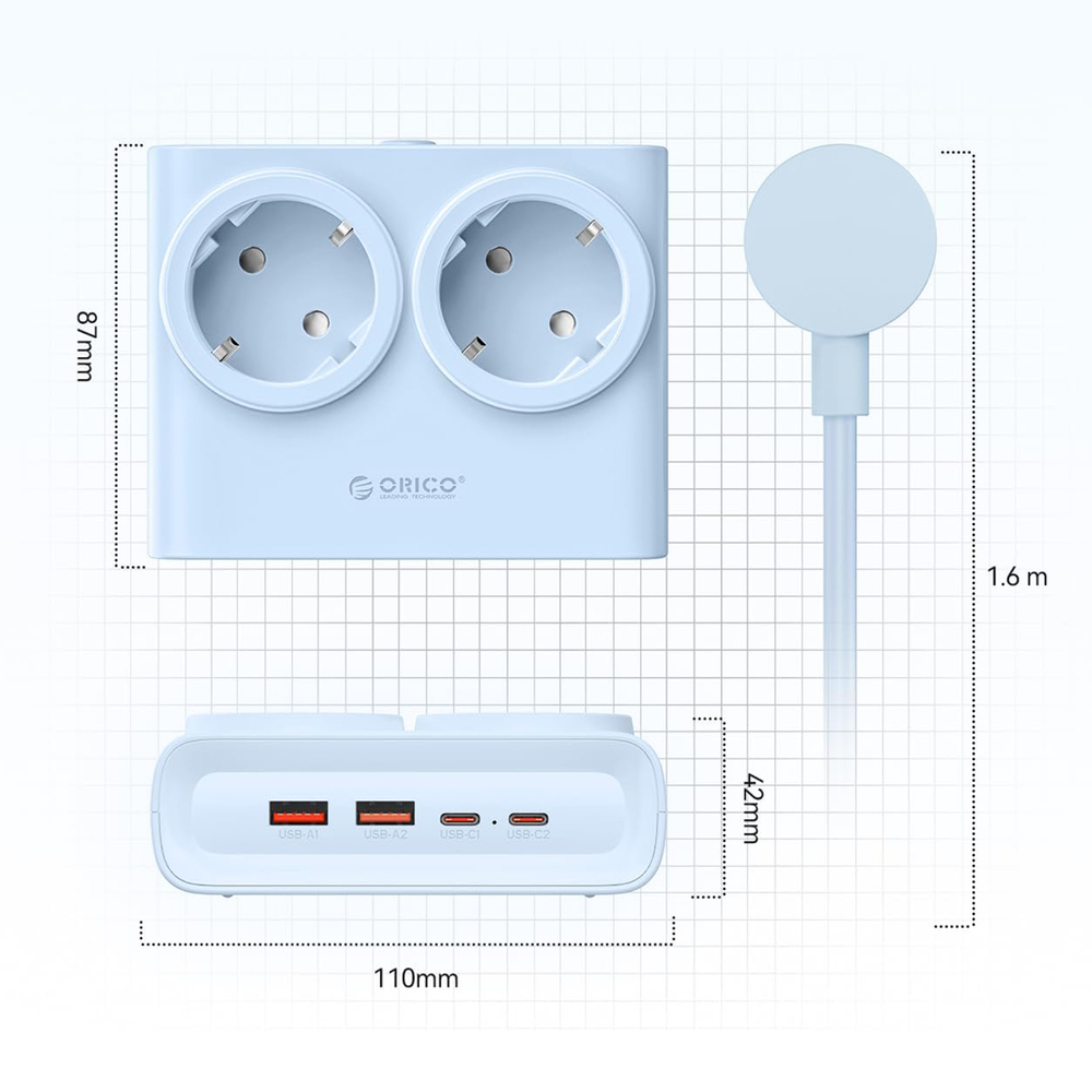 Orico PDC25 25W 6 az 1-ben hálózati elosztó 2x AC + 2x USB-A + 2x USB-C - Kék-3
