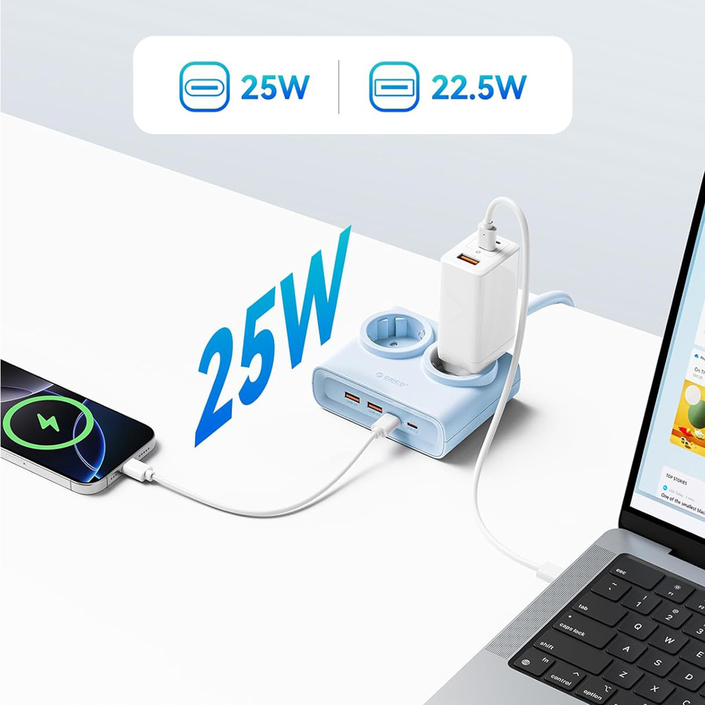 Orico PDC25 25W 6 az 1-ben hálózati elosztó 2x AC + 2x USB-A + 2x USB-C - Kék-4