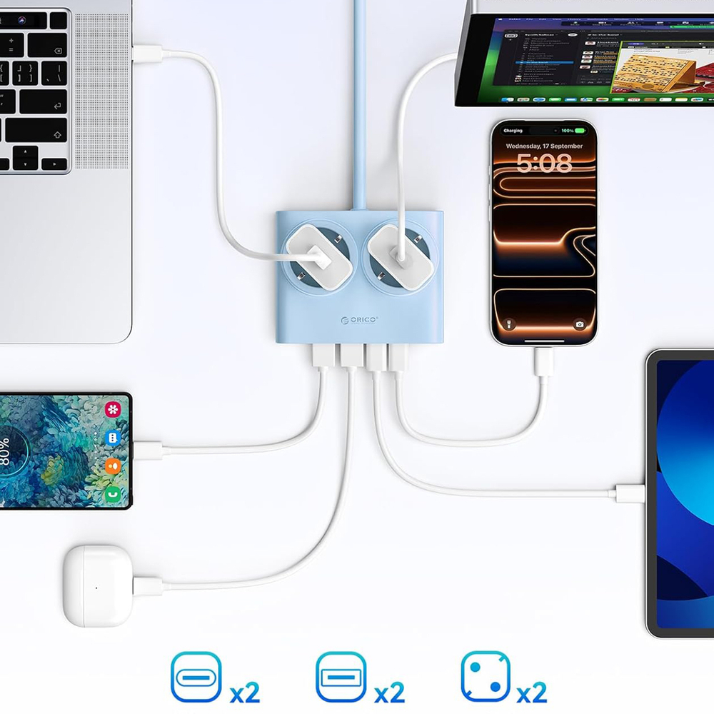 Orico PDC25 25W 6 az 1-ben hálózati elosztó 2x AC + 2x USB-A + 2x USB-C - Kék-5