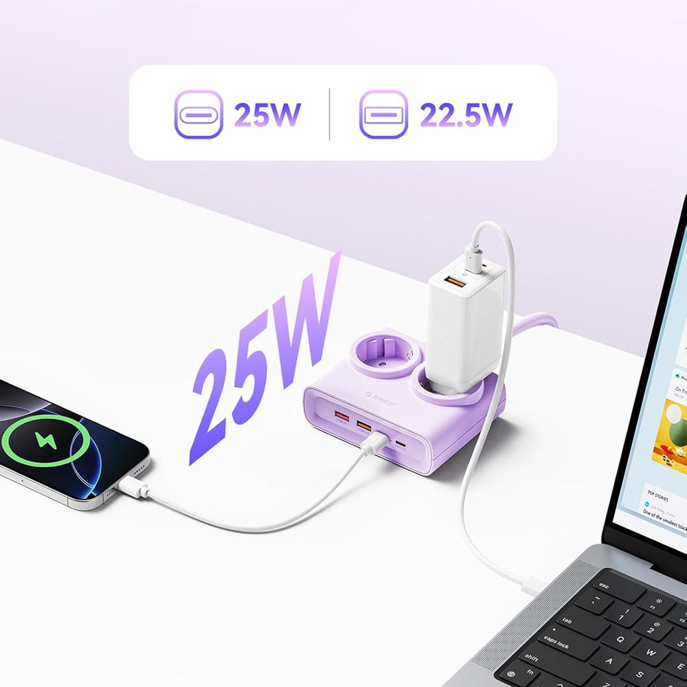 Orico PDC25 25W 6in1 hálózati elosztó 2x AC + 2x USB-A + 2x USB-C - Lila-2