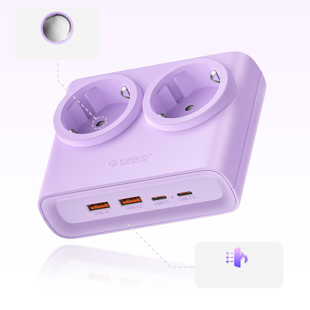 Orico PDC25 25W 6in1 hálózati elosztó 2x AC + 2x USB-A + 2x USB-C - Lila-3