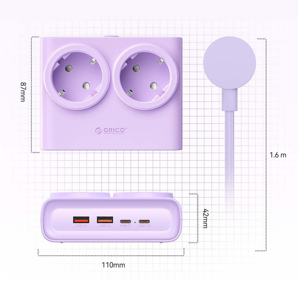 Orico PDC25 25W 6in1 hálózati elosztó 2x AC + 2x USB-A + 2x USB-C - Lila-4