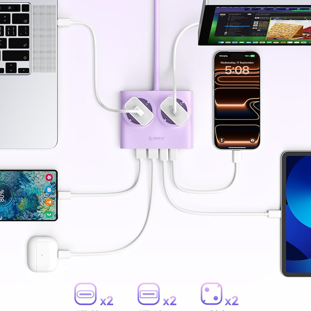Orico PDC25 25W 6in1 hálózati elosztó 2x AC + 2x USB-A + 2x USB-C - Lila-6