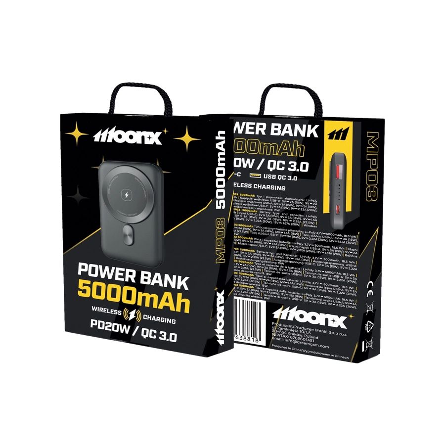 MOONX mágneses powerbank MP03 PD 20W 1xUSB-C + 1xUSB QC3.0 22,5W 5000mAh fekete-0