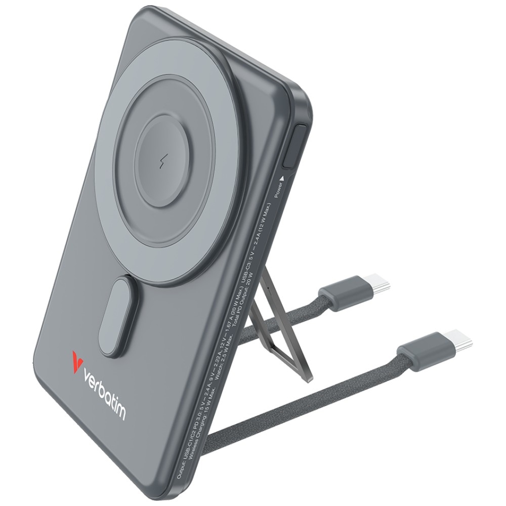 Verbatim Charge'n' Go 15 W 5000 mAh mágneses vezeték nélküli powerbank 2x USB-C kábellel szürke 32251-2